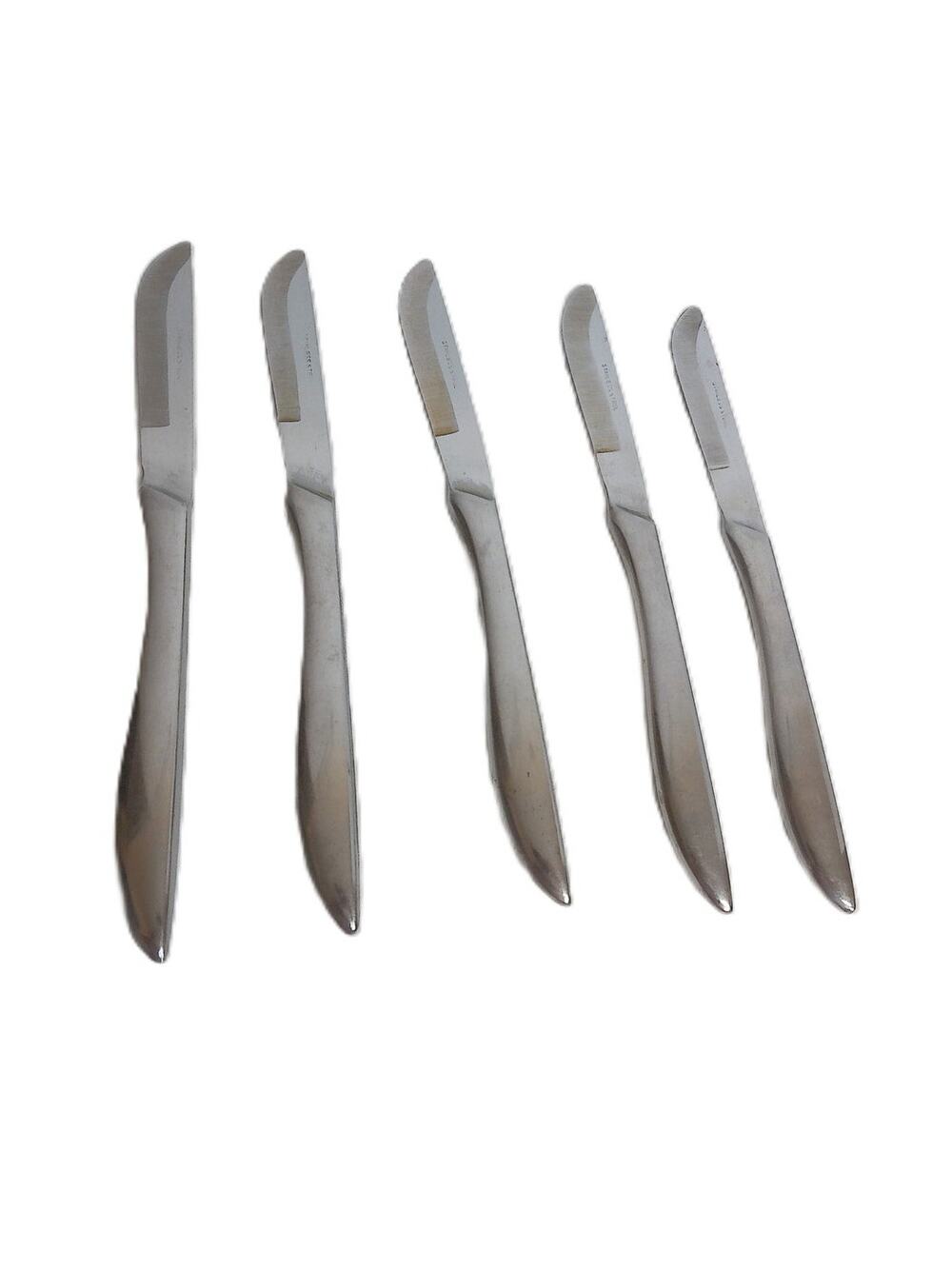 Vintage Stainless Steel Steak Knives Set of 5 Sleek Modernist Dinner Flatware